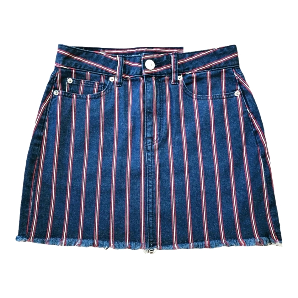 BNWT American Eagle size 2 Hi-Rise Red Blue Striped Miniskirt Denim Fringe Skirt